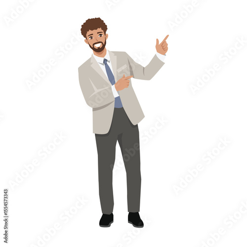 Businessman in a suit and blue tie confidently points to side, presenting or introducing something. Flat Vector character illustration