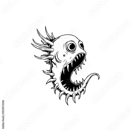 Whimsical black and white illustration of a cartoon monster fish with exaggerated features and sharp teeth