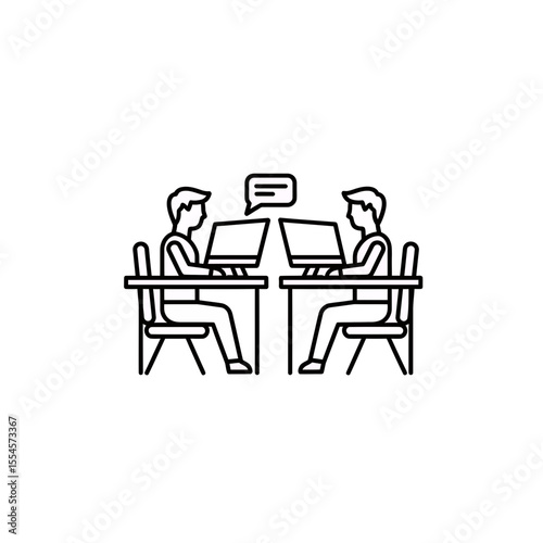 Effective online business collaboration visual depicting two people remotely working at desks using computers for team communication discussion and digital meeting dialogue icon