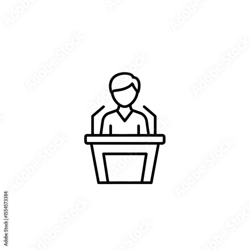 Professional speaker standing at podium giving a presentation or lecture with microphone public speaking event debate conference meeting communication outline vector illustration