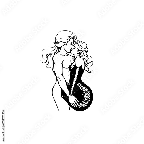 Mythical mermaid and merman embracing in underwater love scene creating a timeless fantasy romance art