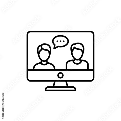 Professional minimalist outline icon representing remote online video communication between two people on a computer screen symbolizing virtual meeting telehealth telemedicine