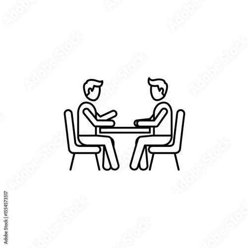 Minimalist linear vector graphic illustration featuring two abstract seated individuals engaged in focused interaction across a tabletop representing professional discourse