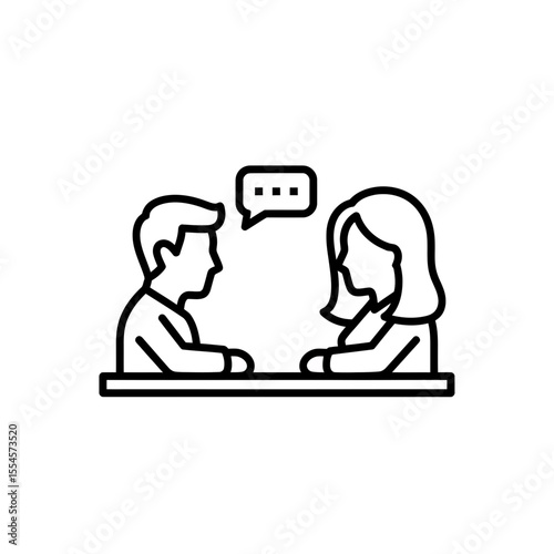 Dynamic linear vector graphic artwork illustrating two individuals sharing ideas mutual understanding interactive communication strategy feedback mechanism collaborative