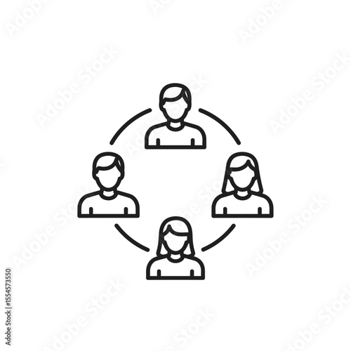 Minimalist vector line icon illustration featuring four diverse individuals linked in a circular network formation symbolizing teamwork collaboration community relationship