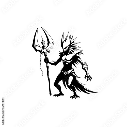 Silhouette of a mystical creature wielding a trident, embodying fantasy and mythical warrior themes with creative design