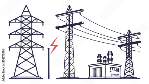 Vector art of electrical power transmission towers and a power plant isolated on white background
