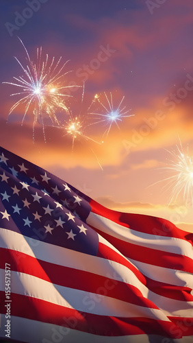 American flag waves majestically against a dramatic sunset sky filled with vibrant fireworks celebrating freedom and patriotism