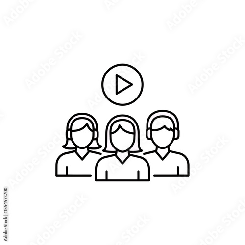 Minimalist Line Art Icon Representing a Diverse Group of Audience Members or Team Collaborators Engaged in Watching an Online Presentation Video Streaming Webinar or Digital