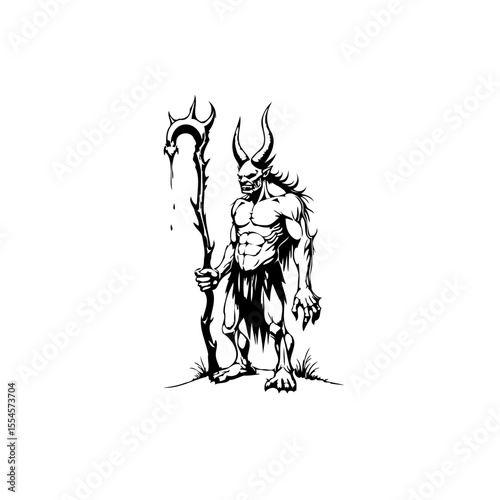 Terrifying devil vector illustration: A horned demon with staff, symbolizing evil, darkness, and mythology