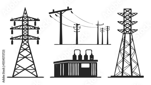 Vector art of collection of power transmission towers and electrical station isolated on white background