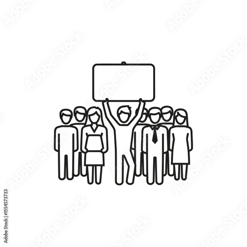 Minimalist line art illustration depicting a unified crowd of diverse individuals standing together while one person prominently holds a blank rectangular sign overhead ready for