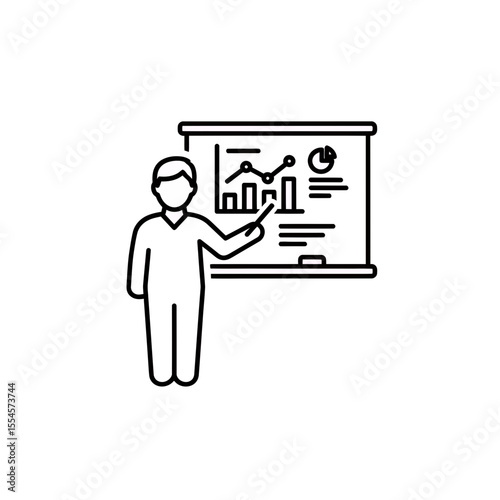 Simple line art icon illustration of a person presenting business data analysis using charts and graphs on a display ideal for educational and corporate training content