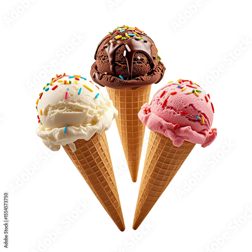  Vanilla, Chocolate,  Strawberry Ice Cream Cone With Sprinkles  Floating In The Air, Generative AI