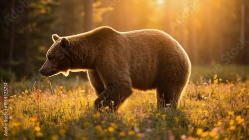 Brown bear standing in a field of flowers during golden hour with trees in the background video
