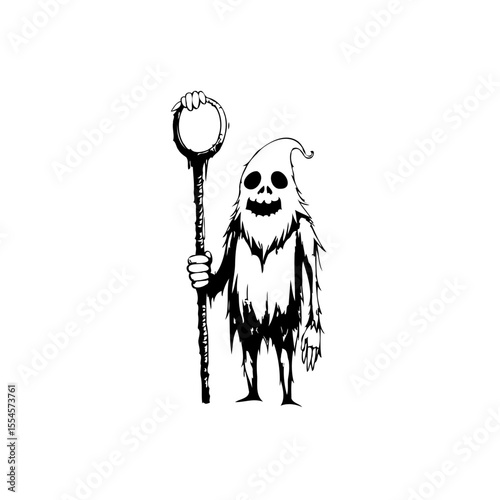Whimsical cartoon illustration of a spooky ghost character holding a staff, perfect for halloween themed designs