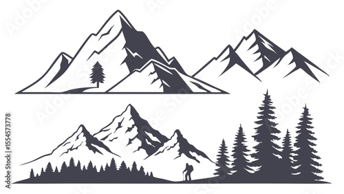 Vector art of mountain peaks and pine trees in a nature landscape isolated on white background