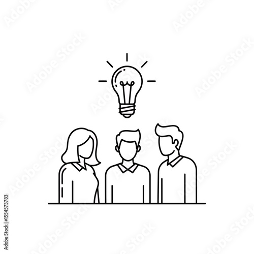 Vector outline graphic illustration showing a diverse business team actively collaborating and brainstorming creative ideas for innovation and developing new solutions simple