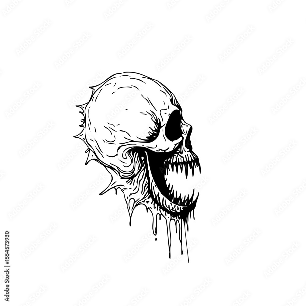 Detailed hand drawn skull illustration embodying death and decay with intricate lines for horror themes and more