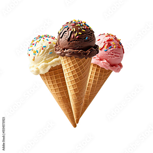  Vanilla, Chocolate,  Strawberry Ice Cream Cone With Sprinkles  Floating In The Air, Generative AI