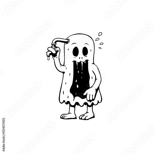 Cartoon ghost with dripping tap: Conceptual illustration representing fear of water waste and conservation