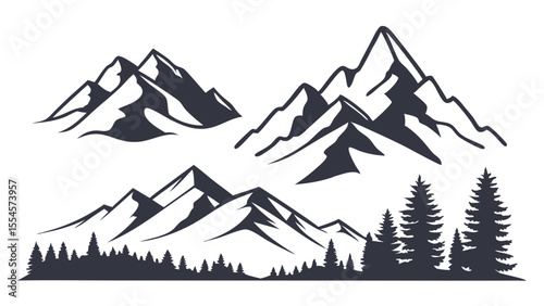 Vector art of mountain peaks and pine trees create a scenic outdoor landscape isolated on white background