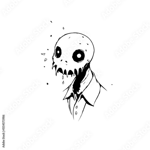 Creepy monochrome illustration of a sinister skull character wearing a buttoned shirt design for halloween