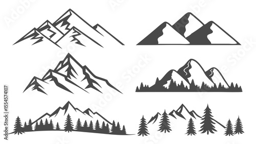 Vector art of mountain peaks and pine trees create a scenic outdoor landscape isolated on white background in silhouette