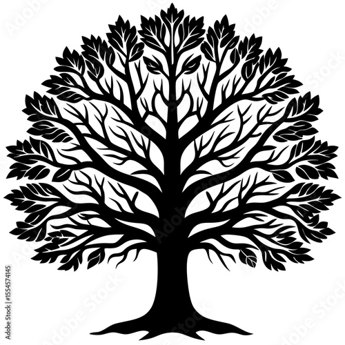 Black tree silhouette vector with abstract branches and leaves, perfect for nature and decorative design