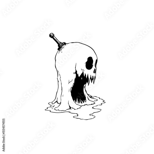 Disturbing melting skull illustration featuring an ominous and chilling aesthetic in dark monochrome a spooky vibe