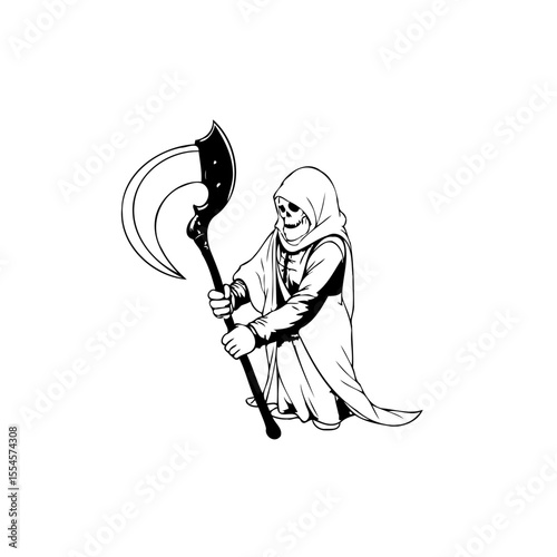 Grim Reaper Illustration with Scythe: Death Personified in Black and White Vector Graphic
