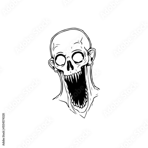 Line art illustration showcasing a scary zombie skull with an open mouth and creepy teeth in monochrome