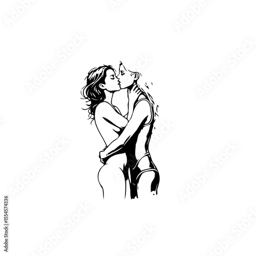Intimate embrace: Two women share a passionate kiss in a minimalist artistic rendering showing deep affection and love between them