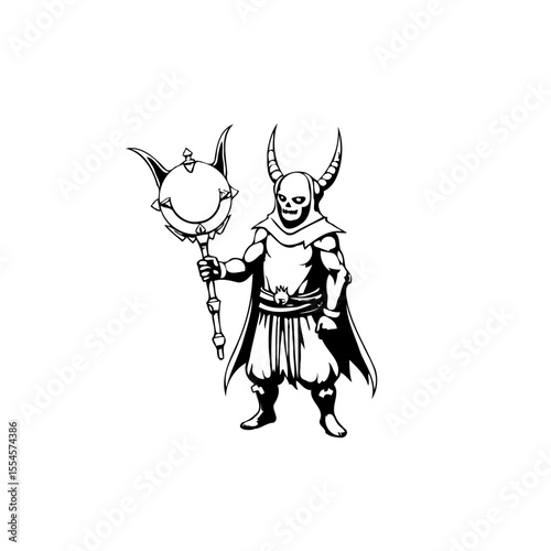 Intricate illustration of a horned sorcerer wielding mystical staff in stark black and white