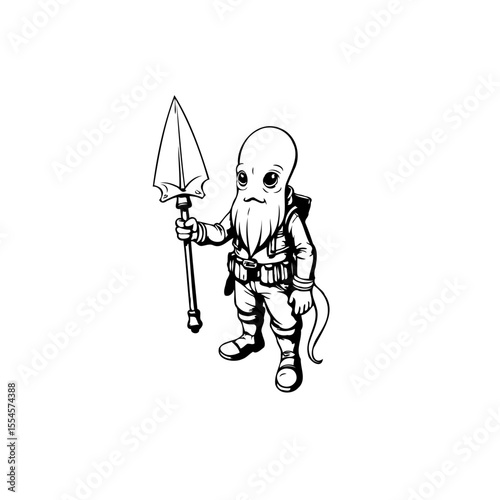Cartoon alien character with spear isolated on white background ready to fight and conquest the earth