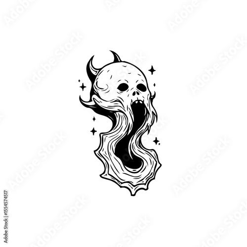 Illustration of a demonic skull engulfed in dark smoke with small stars floating around for eerie effect