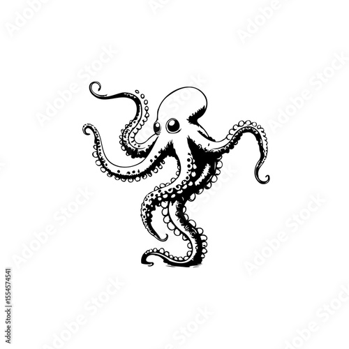 Illustration of an octopus with tentacles and big eyes in monochrome style marine animal art