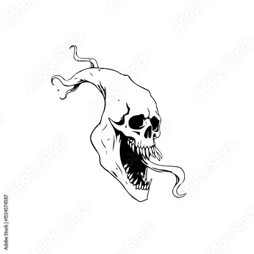 Stylized skull illustration featuring a grotesque grimace with a long tongue and tendrils evoking surrealism