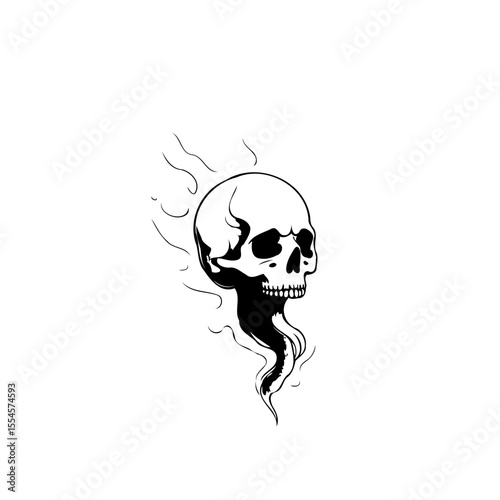 Mystical monochrome skull with ethereal smoke trails creating an edgy and symbolic illustration artwork for tattoo