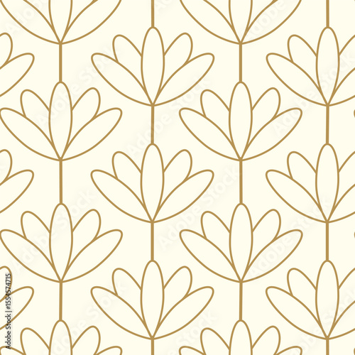 Art deco golden outline flowers seamless pattern on white background. For wallpaper, home décor and textile