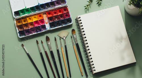 Flat lay featuring watercolor paints, brushes, and a blank sketchbook, perfect for creative painting art projects
