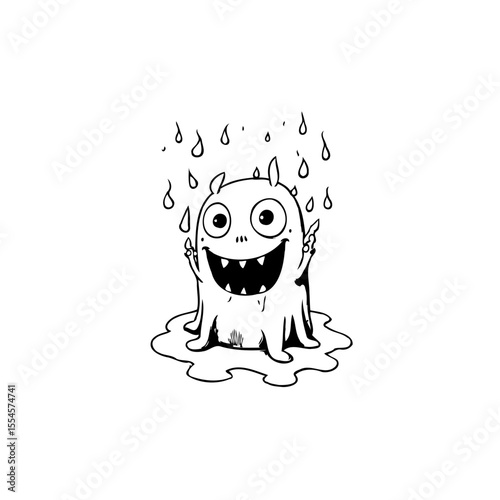 A delightful whimsical drawing featuring a cheerful monster enjoying a refreshing rain shower for children