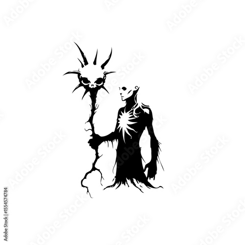 Eerie sorcerer illustration holding skull staff amidst darkness, a magical fantasy creature art