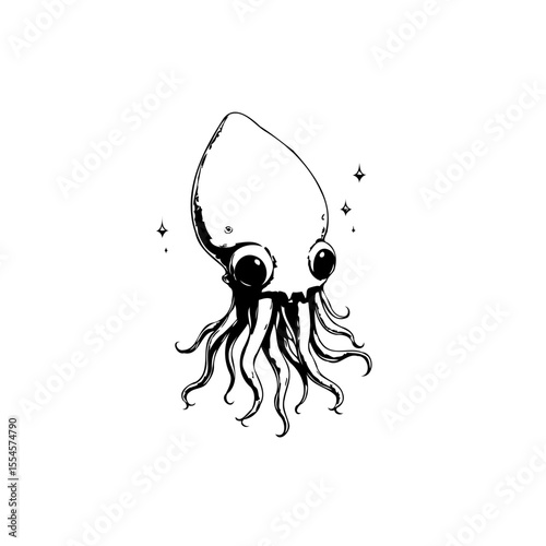 Whimsical ink drawing of a cute cartoon squid floating in the dark deep sea with twinkling stars