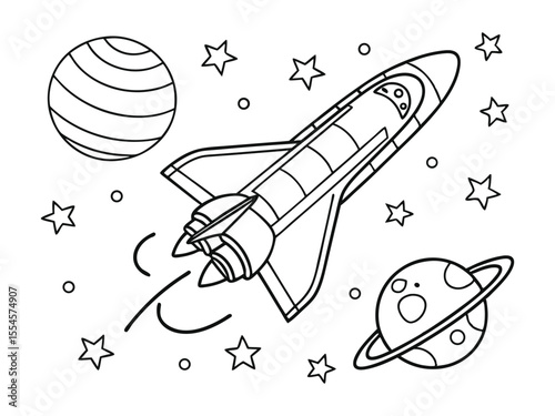 A simple coloring page of an adorable space shuttle. Children's coloring book adorable rocket ship spacecraft in black and white simple line art on space