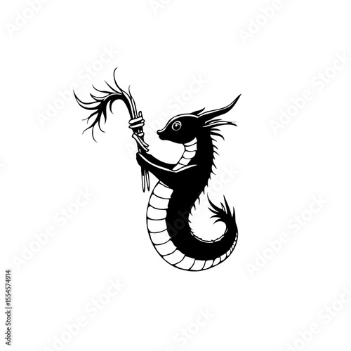 Enigmatic Dragon with Torch: A Mystical Heraldic Emblem of Fire and Shadow, a Timeless Fantasy Illustration