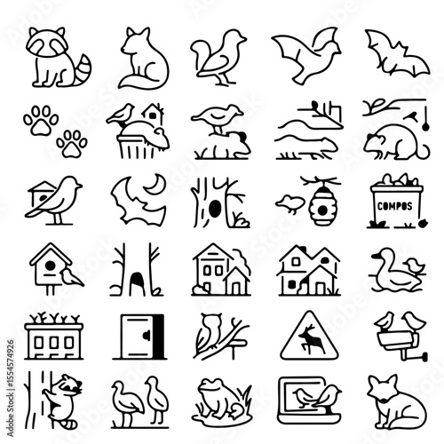 A collection of Line Art animal icons illustrating diverse wildlife elements, showcasing nature's biodiversity in simple, yet elegant line drawings. 