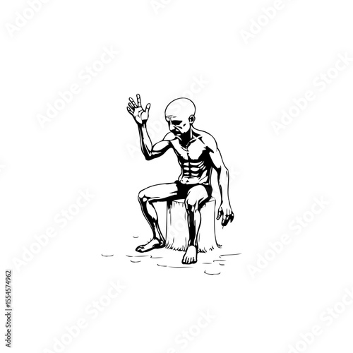 Distressed and emaciated male figure in black and white drawing showcases human vulnerability