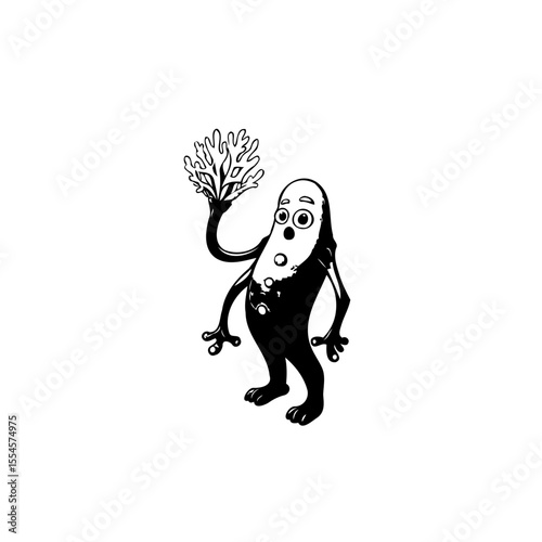A whimsical cartoon character in monochrome holding a peculiar tree branch illustration showcases artistic expression and simple design