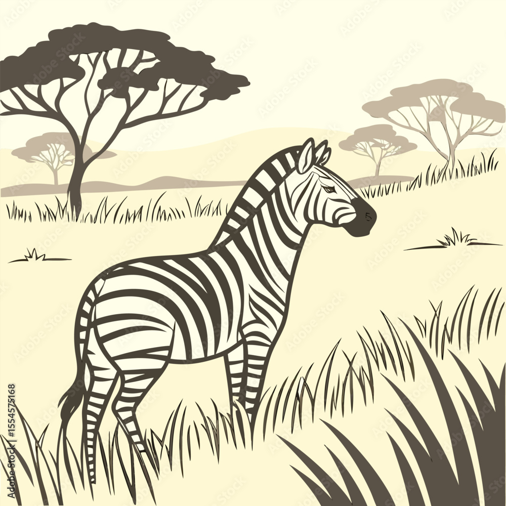 Obraz premium A zebra family grazes in the savanna in close proximity to other animals vector design